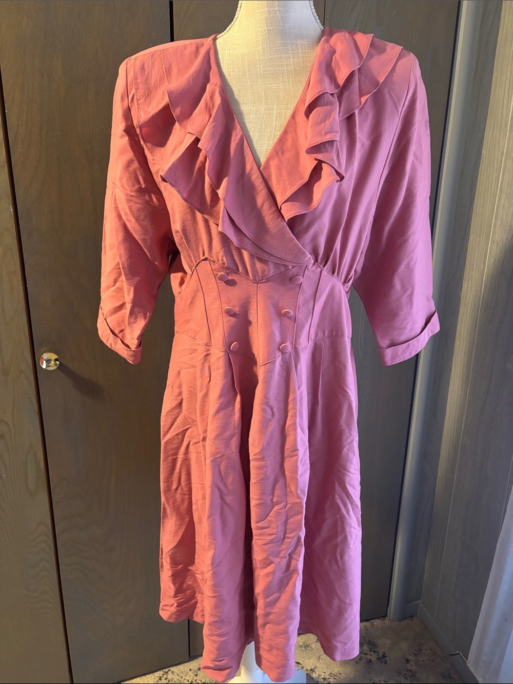 Vintage Nina Piccalino Dress 80s Shoulder Pad Pink Ruffle Elastic Waist